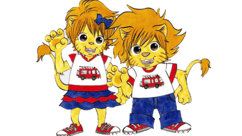 Zwei winkende Löwen mit Kleidung